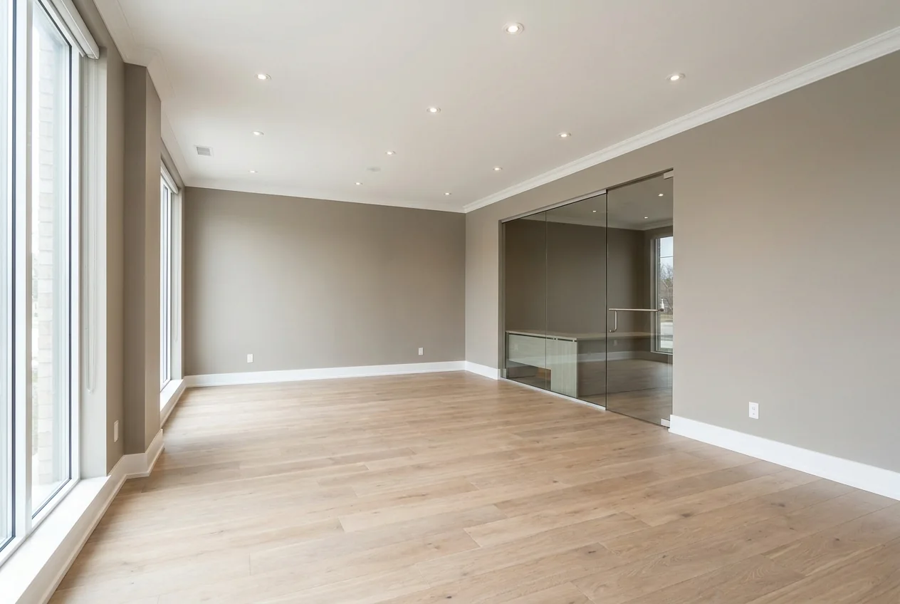 Freshly painted modern commercial space with large windows and a glass partition